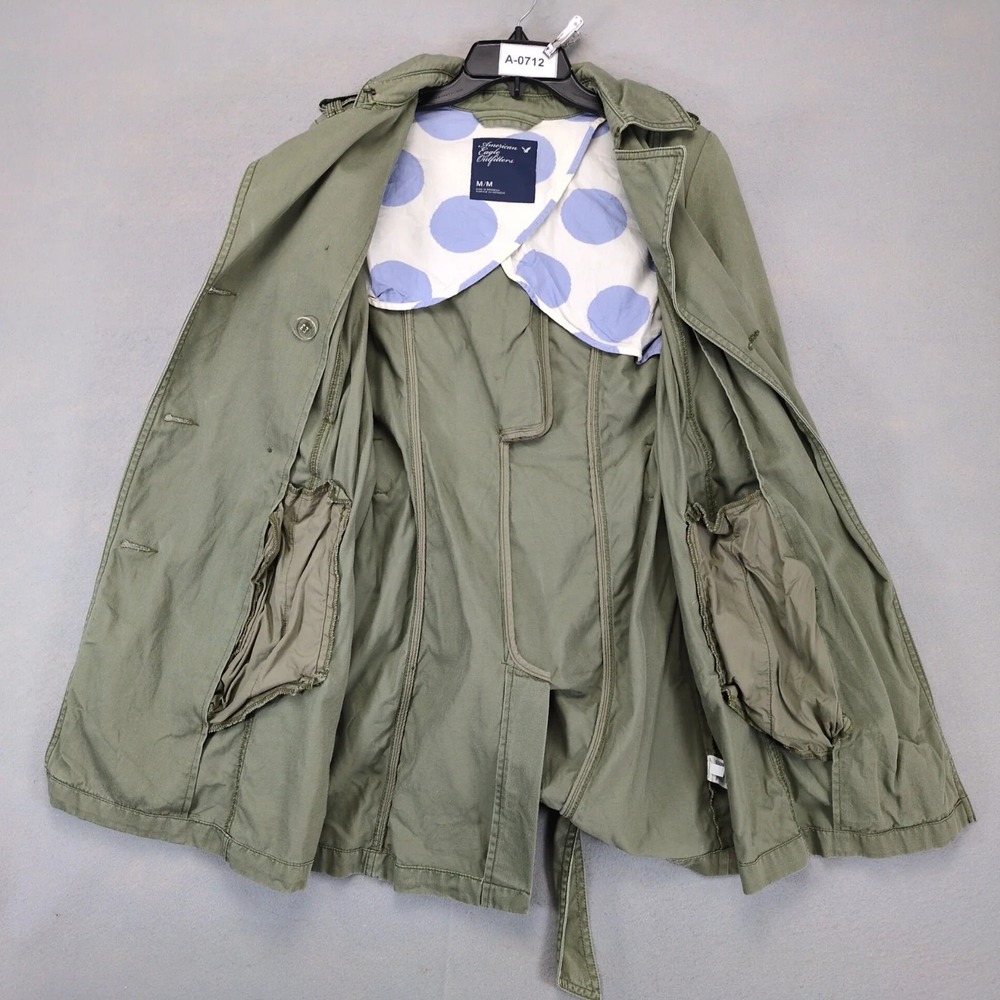 American Eagle Olive Double Breasted Trench Coat Womens M Belted AEO Grunge Chic - Picture 2 of 8